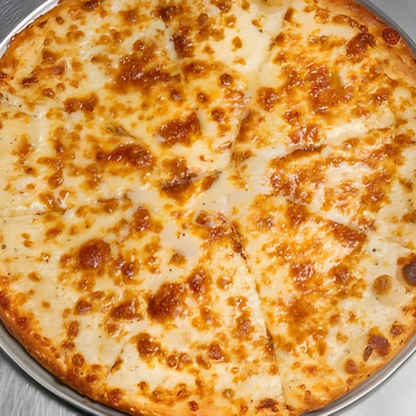 Close-up of a whole, sliced Apna Pizza cheese pizza with golden-brown melted cheese.