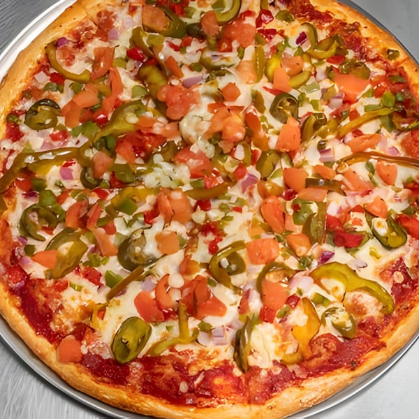 Apna Pizza's pizza, topped with diced tomatoes, onions, green peppers, and jalapeños.